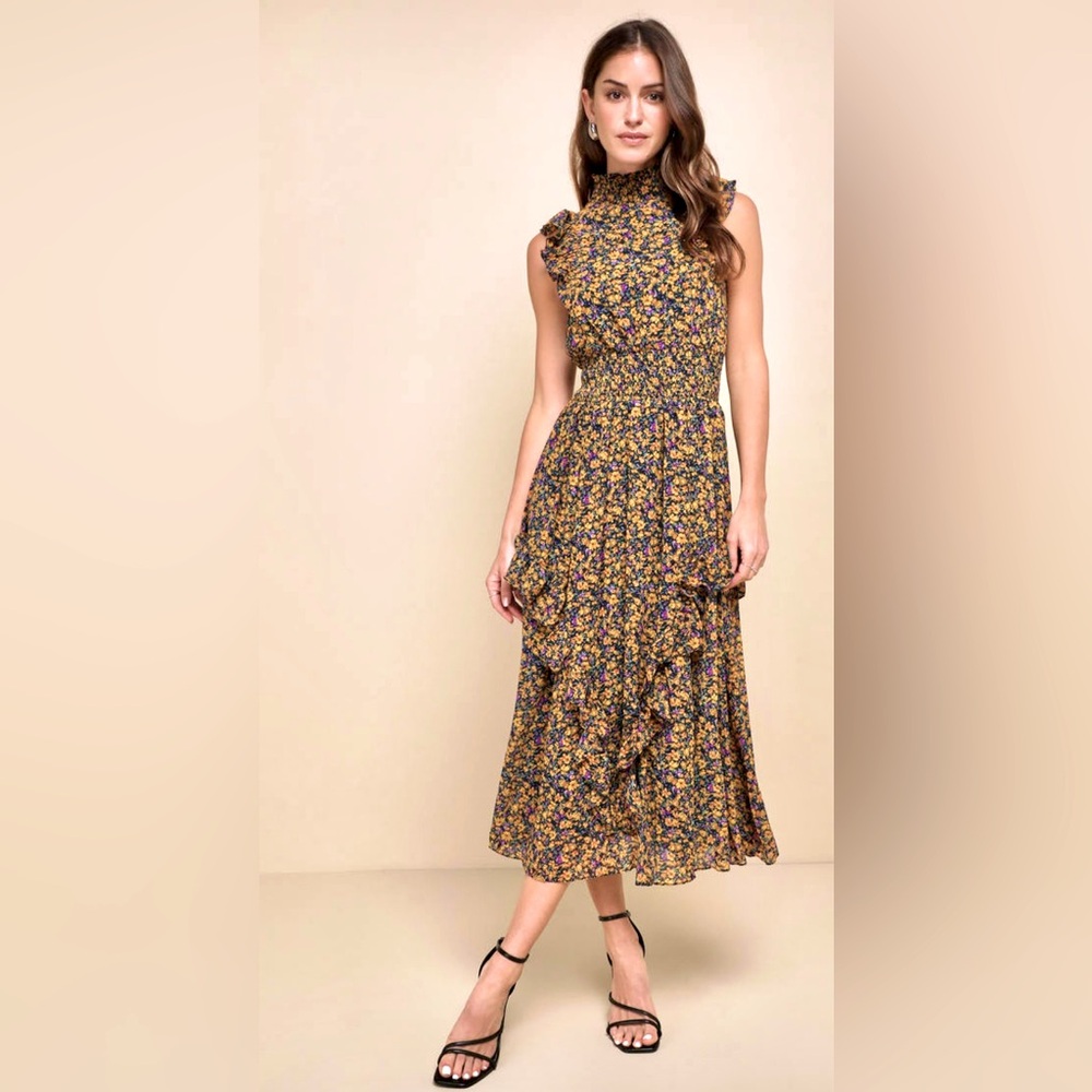 NWT Lulu’s Evalina Mustard Floral Print Mock Neck Boho Ruffle Midi Dress ZB6